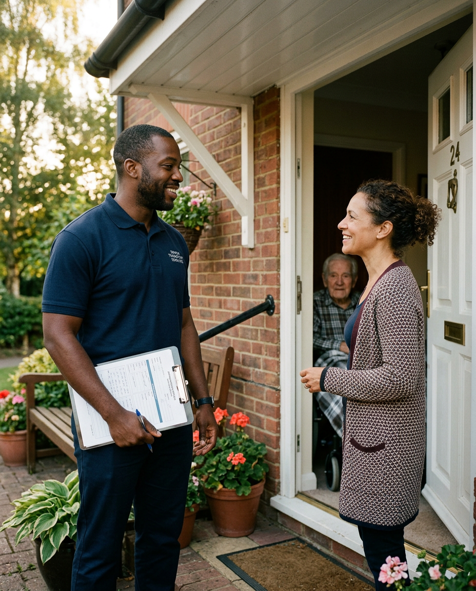 A Journey 2 Hope driver greeting a family at a residential front door for a discharge pickup