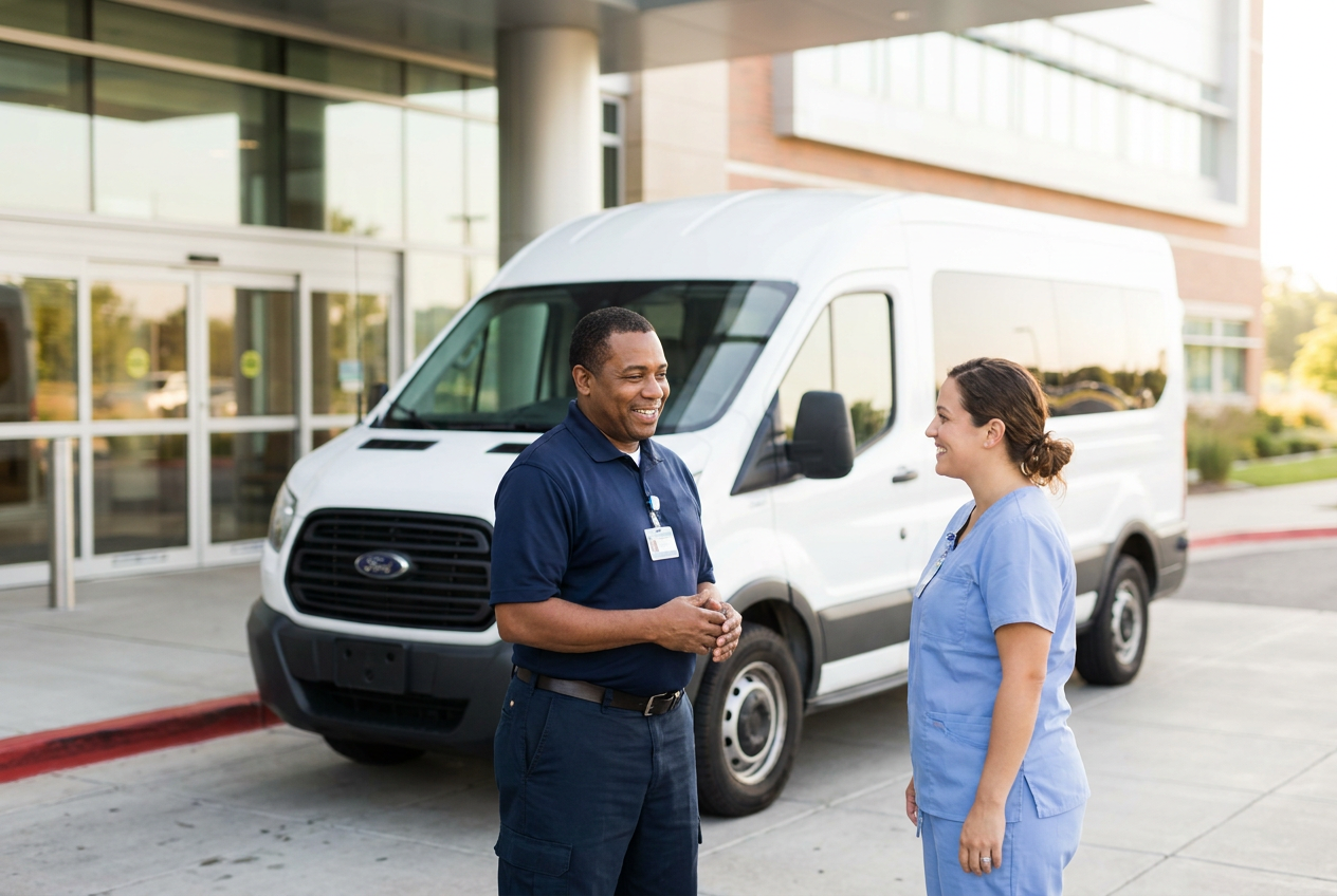 A Journey 2 Hope driver and a nurse in scrubs talking beside a Journey 2 Hope van at the entrance of a healthcare facility