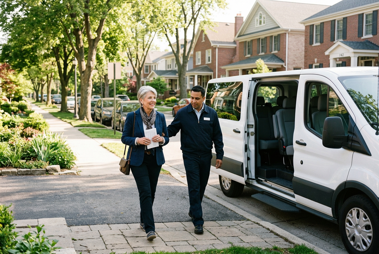 A confident woman walking with a Journey 2 Hope driver toward an open van
