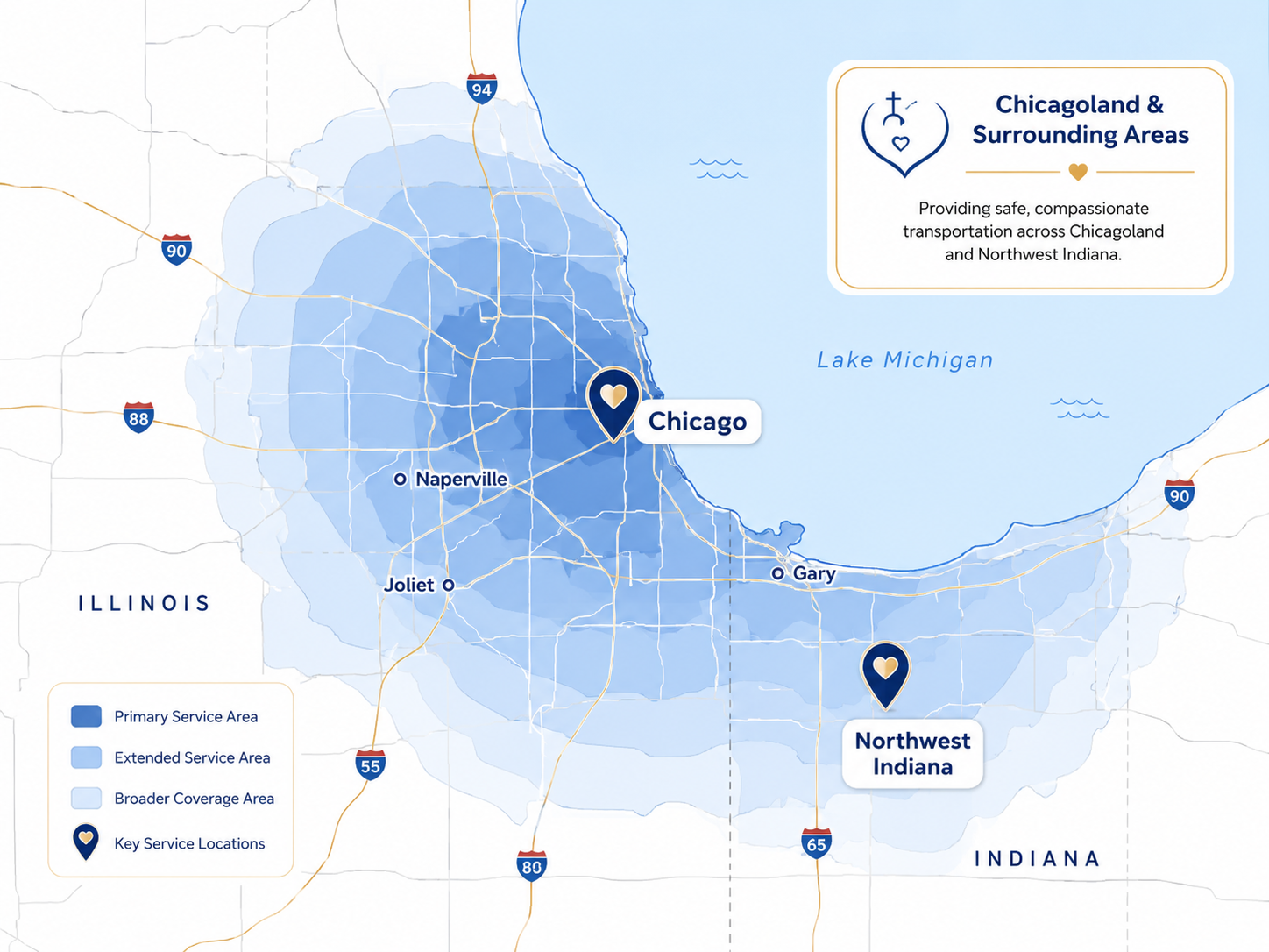 Map showing Journey 2 Hope service area: primary coverage in Chicagoland (Cook County, Naperville, Joliet) and Northwest Indiana (Gary), with extended and broader coverage zones across Illinois and Indiana.